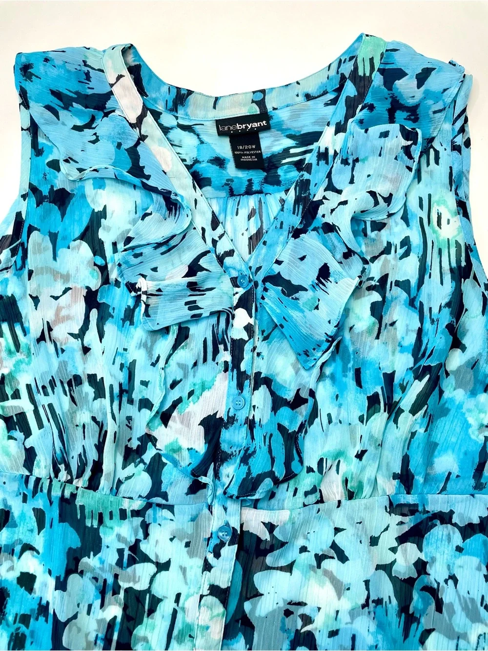 Lane Bryant Blue Multi-Colored Floral Ruffle V-Neck Empire Waist Top Sz 18/22 W